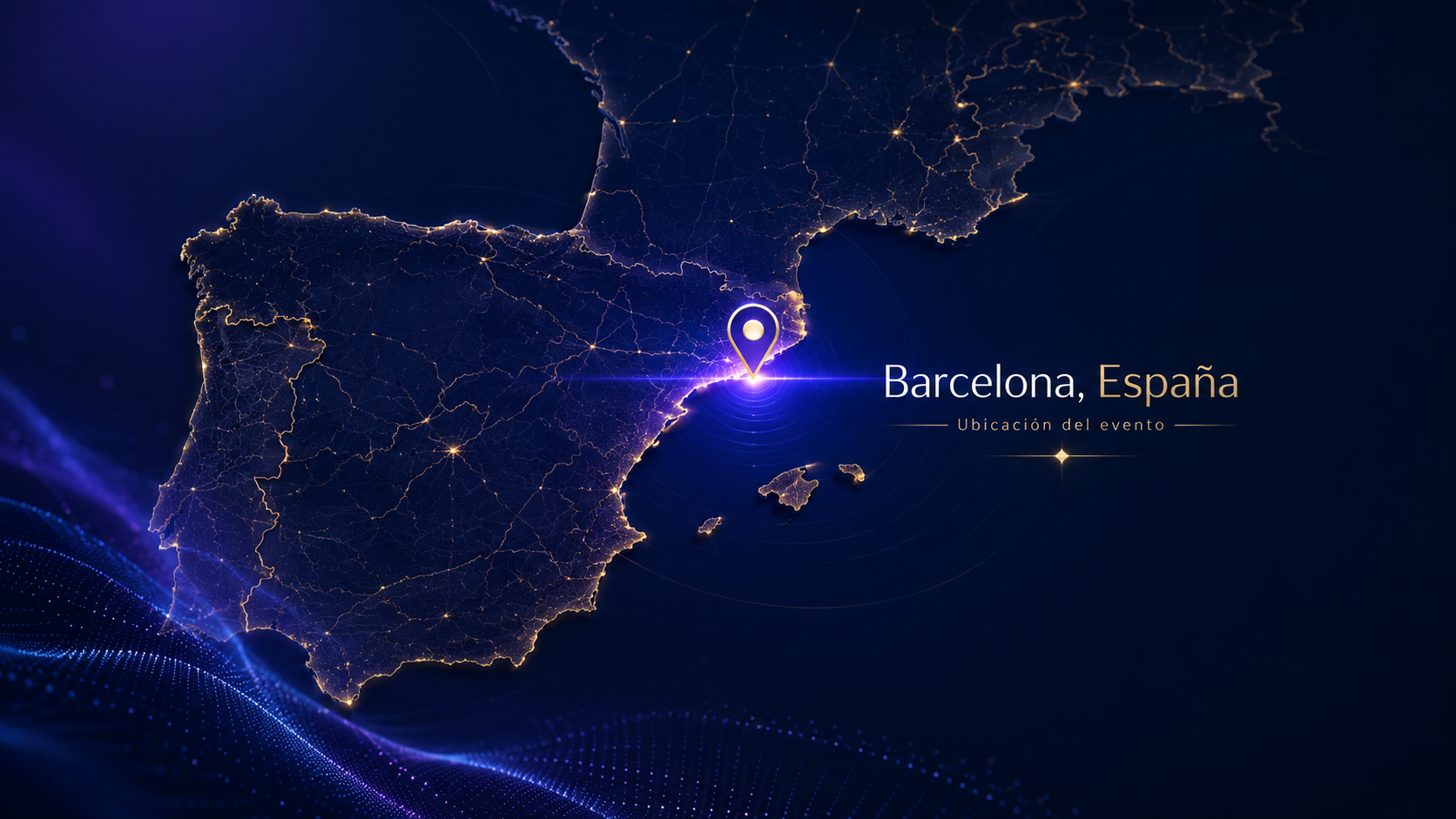 Mapa tecnológico de España con Barcelona destacada como sede de Freedom 2026