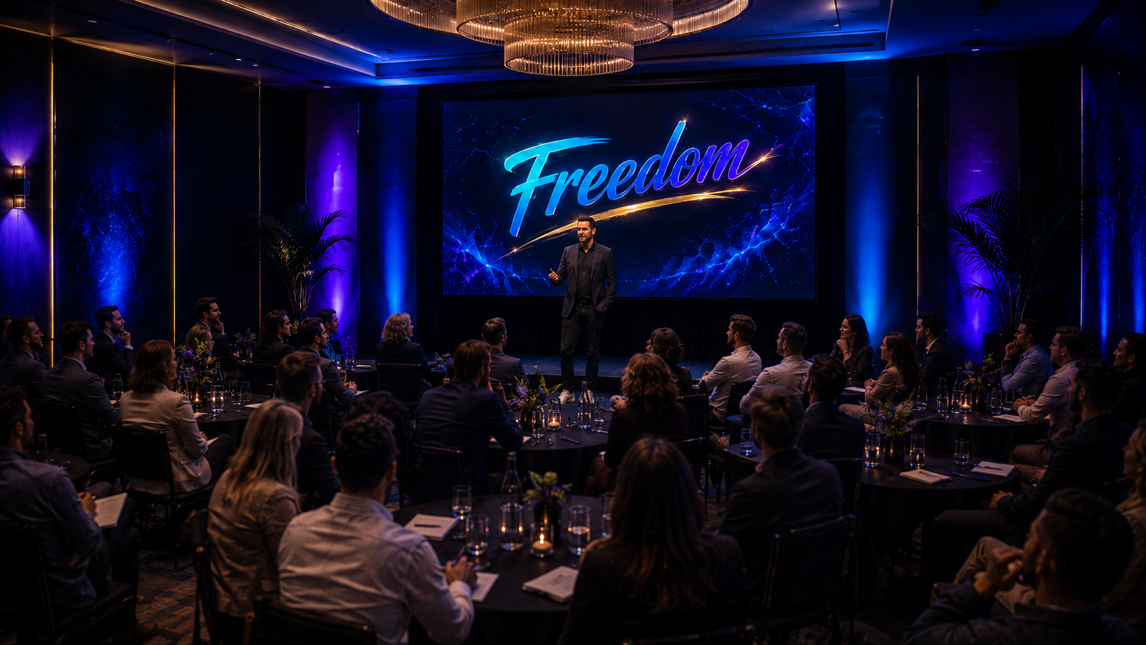 Sala premium del evento Freedom con el logo en una pantalla gigante, ponente en escenario y asistentes sentados en mesas redondas bajo iluminación azul y violeta